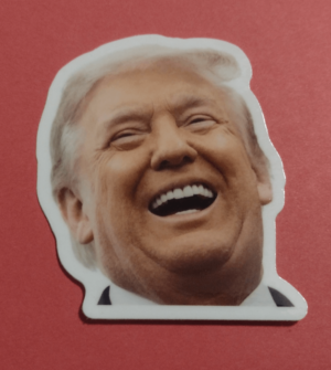 A meme sticker that features DJT laughing